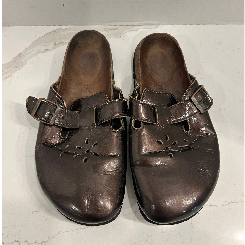 Earth Clog Mule Shoes Womens EU 42 US 11 Brown Leather Floral Cutout Buckle Boho